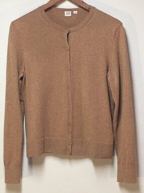 Gap Women L Sweater Cardigan Classic Camel Button Knit Crew 100% Cotton Preppy